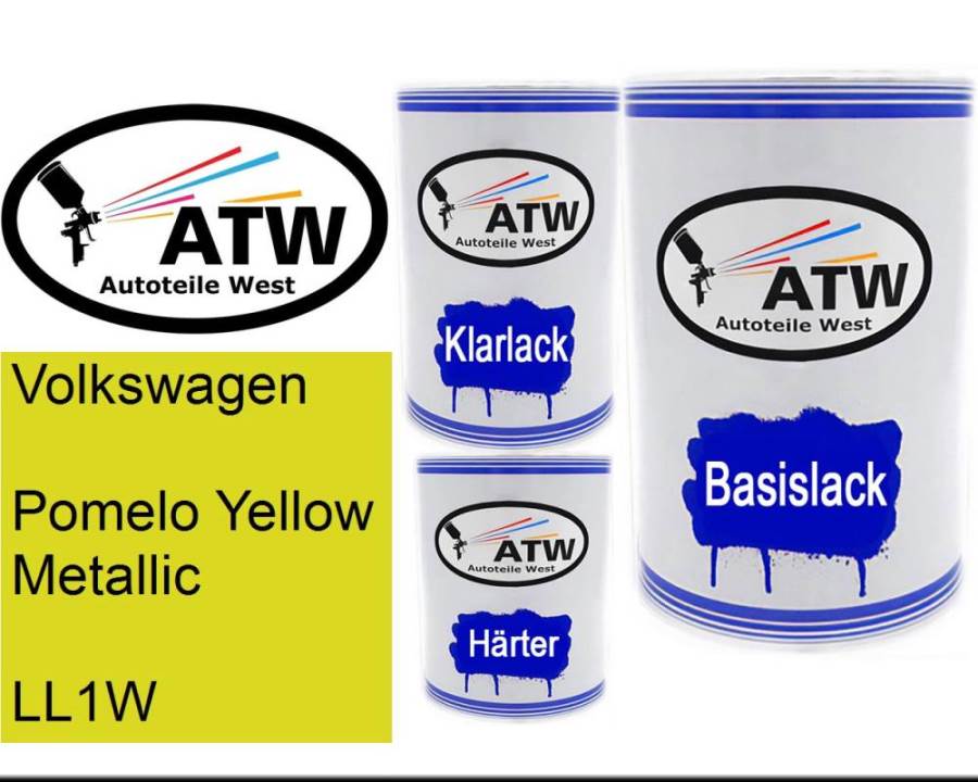 Volkswagen, Pomelo Yellow Metallic, LL1W: 500ml Lackdose + 500ml Klarlack + 250ml Härter - Set, von ATW Autoteile West.